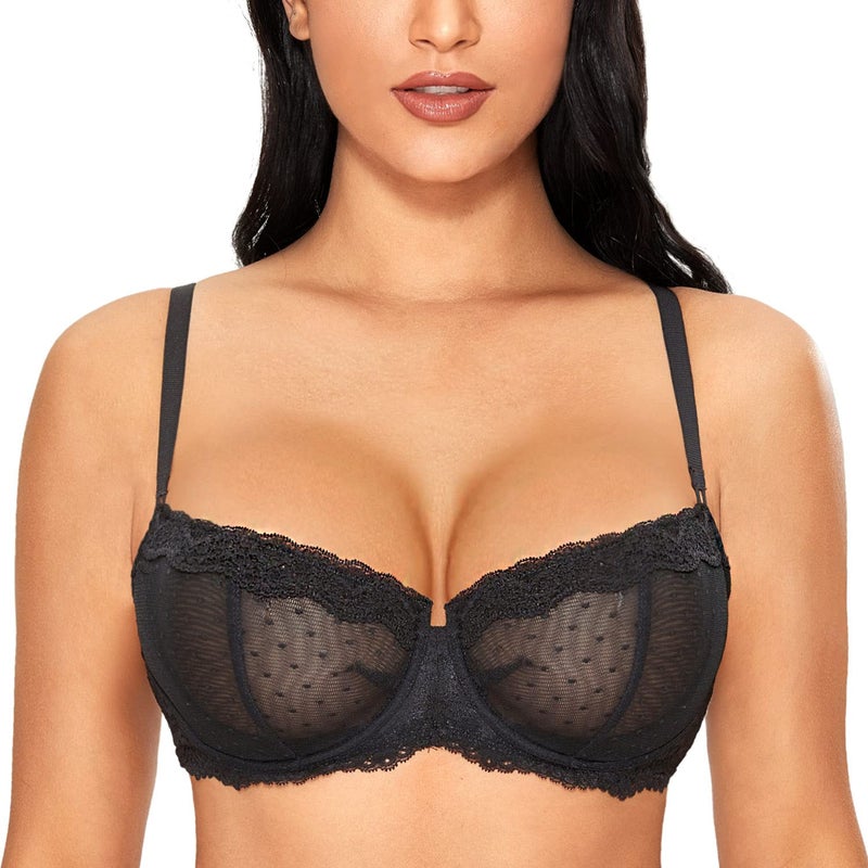 DOBREVA Women's Sexy Lace Bra Underwire Balconette Unlined Demi Sheer Plus Size Black 34D - Image 1